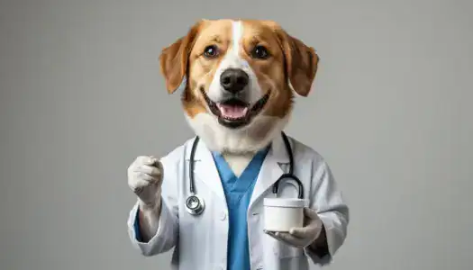 Собрать мочу собаки может быть легко: весёлый пёс в медицинском халате с образцом