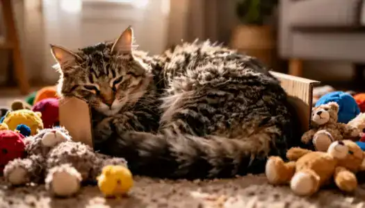 Кошкам нравятся коробки: пушистый комочек отдыхает в своём любимом укрытии