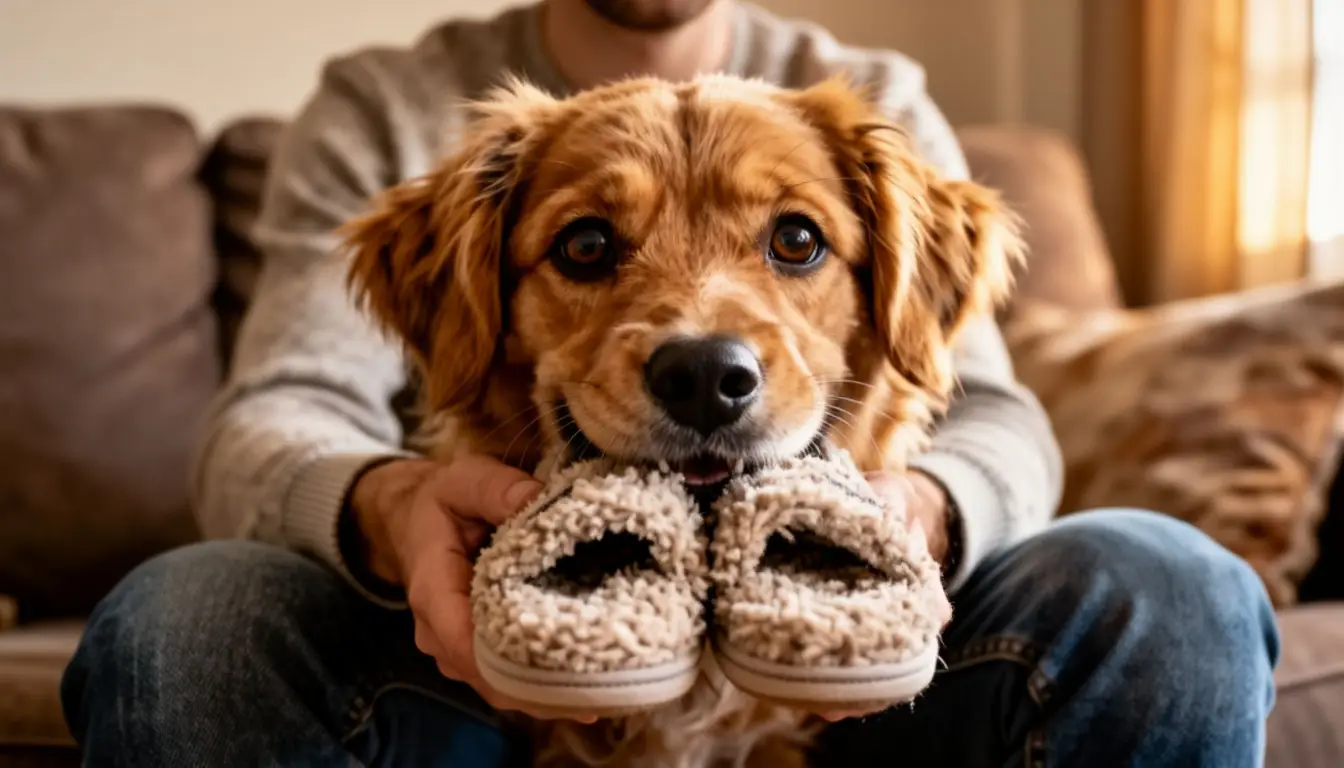 Необычные повадки питомцев: собака приносит тапочки хозяину