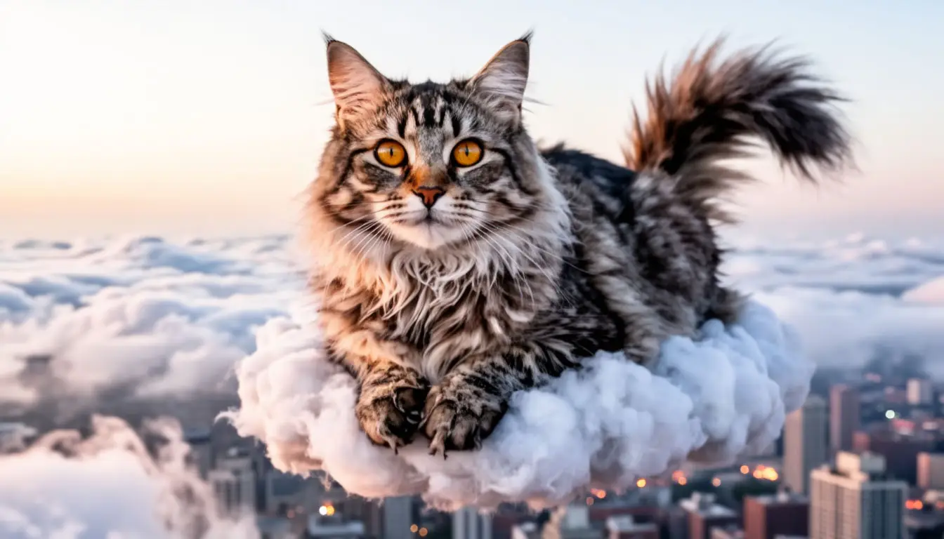 Кошачьи сны: кошка на облаке над городом