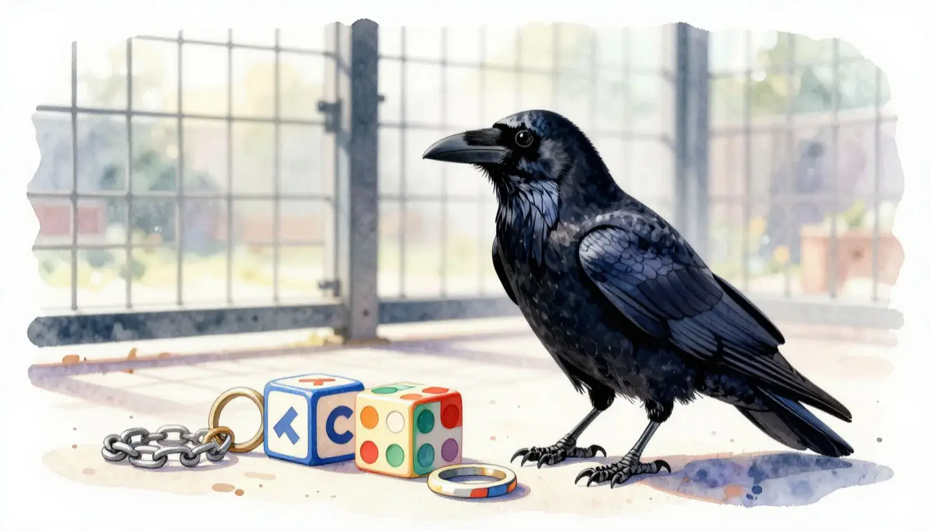 Ворона-интеллектуал решает задачи в своём вольере