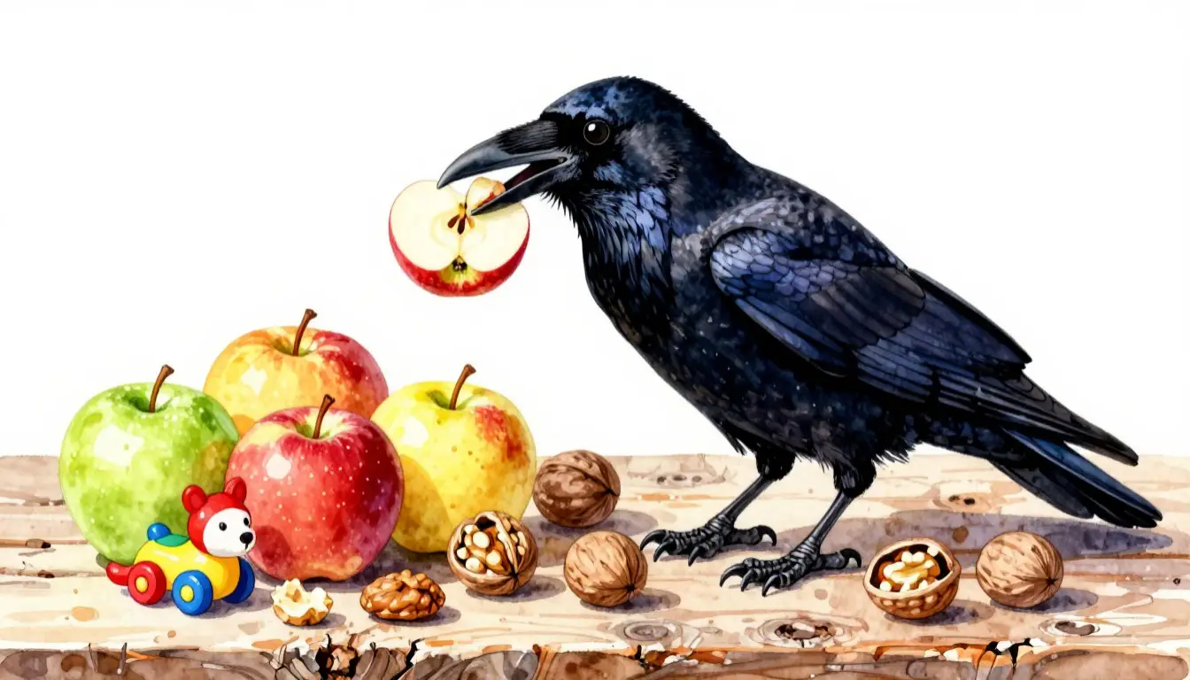 Ворона-интеллектуал исследует лакомства на кухонном столе