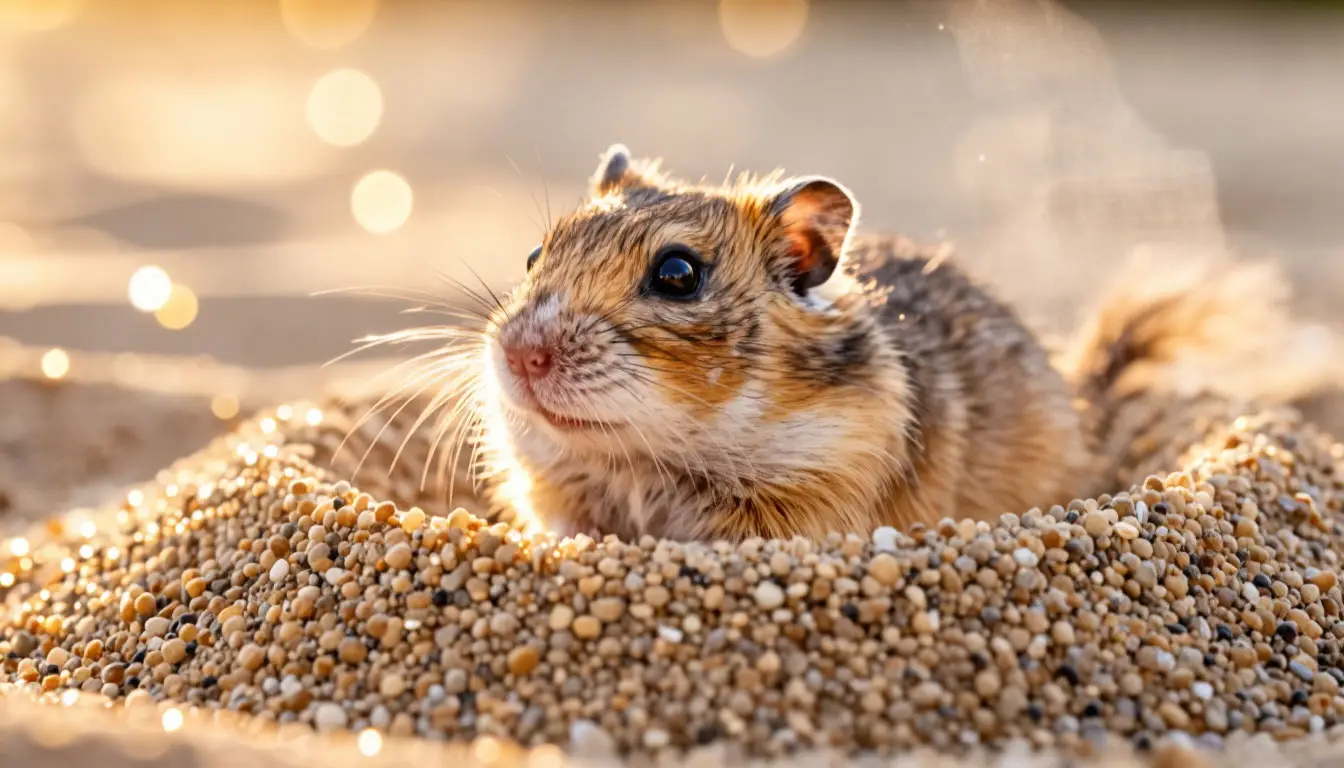 Уход за монгольской песчанкой: песочная ванна для гигиены.