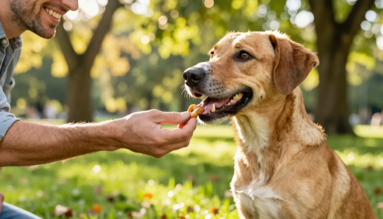 Эффективность наказания собаки уступает поощрению: довольная собака и хозяин с лакомством