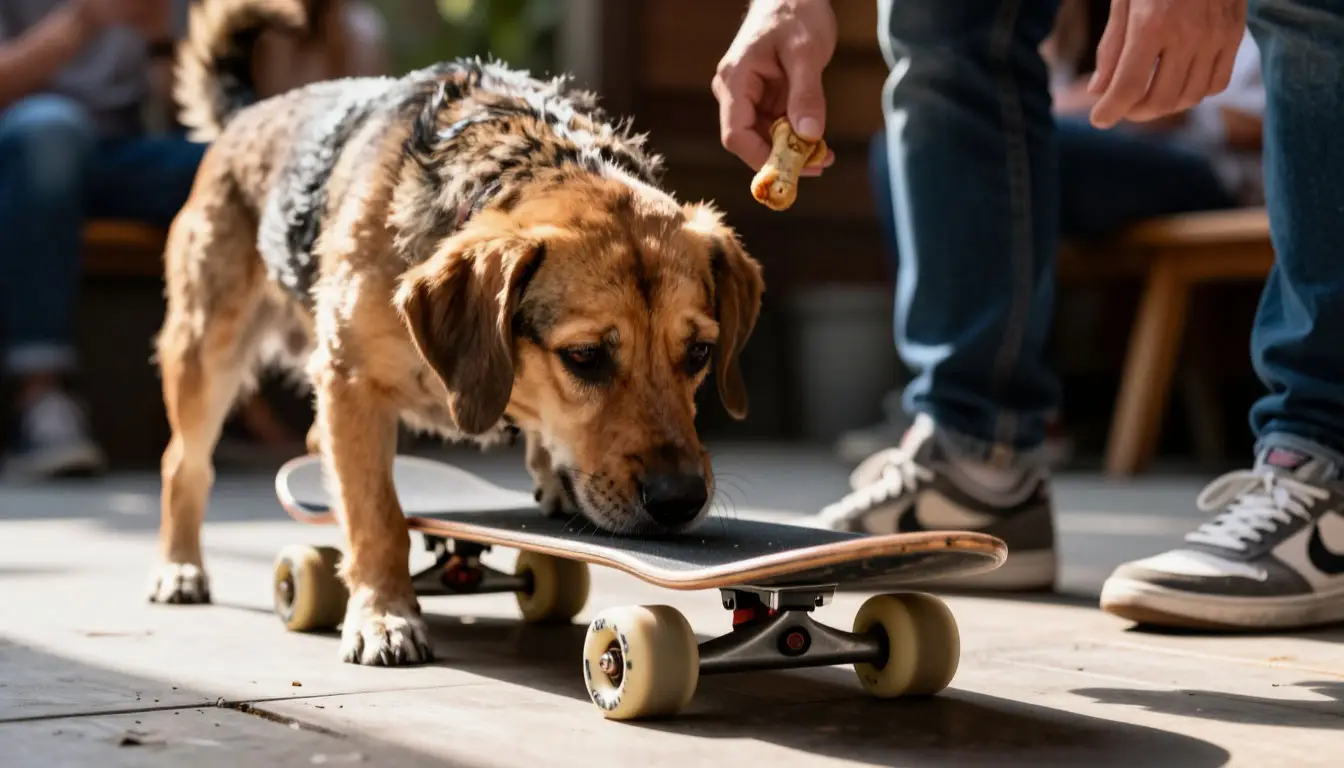Собака на скейте: питомец знакомится с доской, изучая её носом