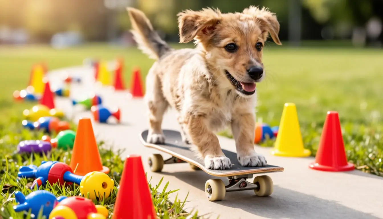 Собака на скейте: весёлая игра с конусами и игрушками