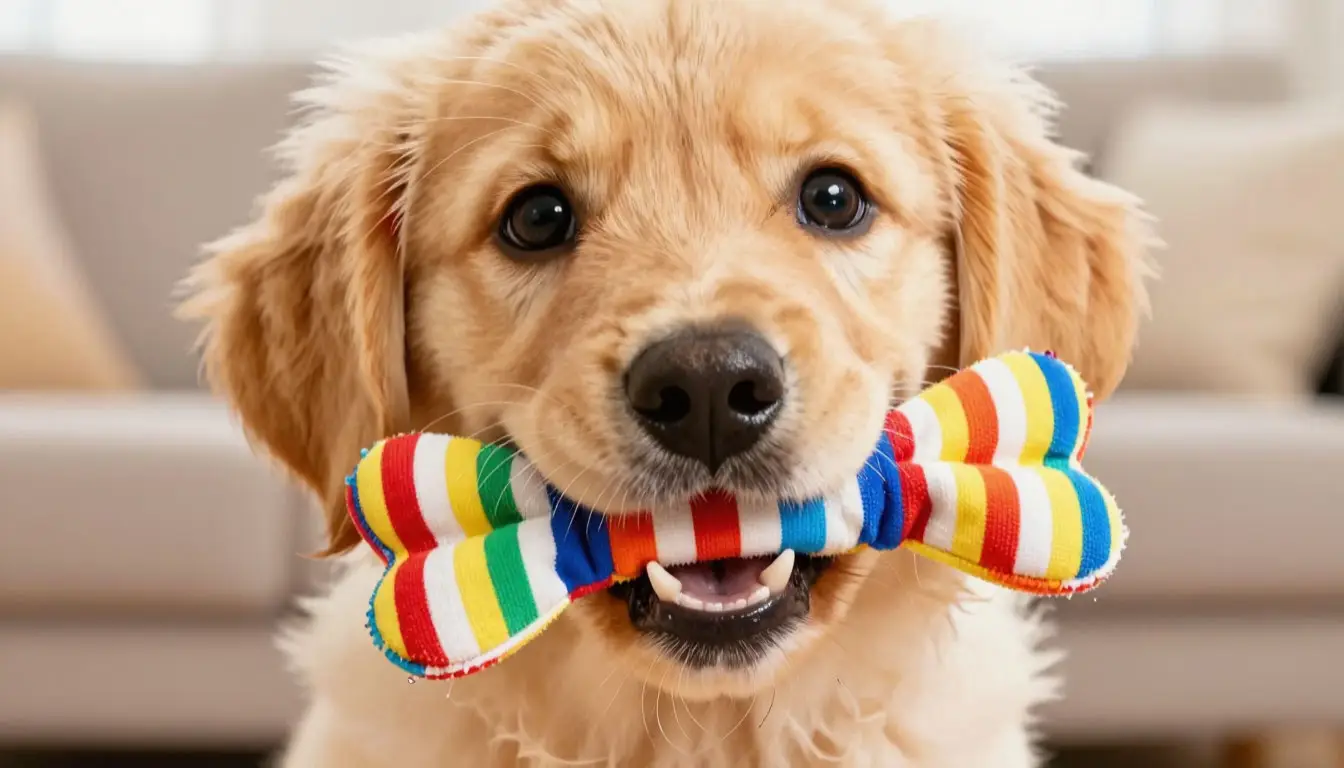 Увлекательная игрушка для щенка: тканевая косточка с ярким дизайном.