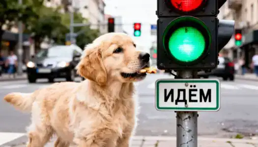 Безопасность щенка в городе: щенок изучает светофор.