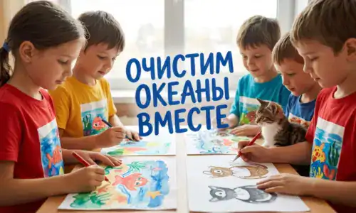 Дети с кошками рисуют плакаты о защите океана — Очистим океаны вместе