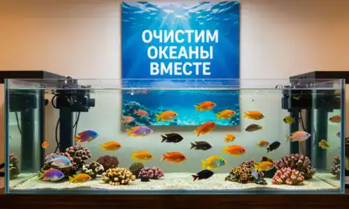Аквариумные рыбки и плакат о защите океанов — Очистим океаны вместе