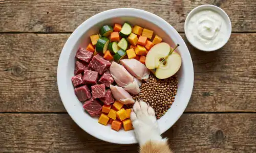 чем кормить корги натуральной едой — продукты для рациона разложены вокруг миски