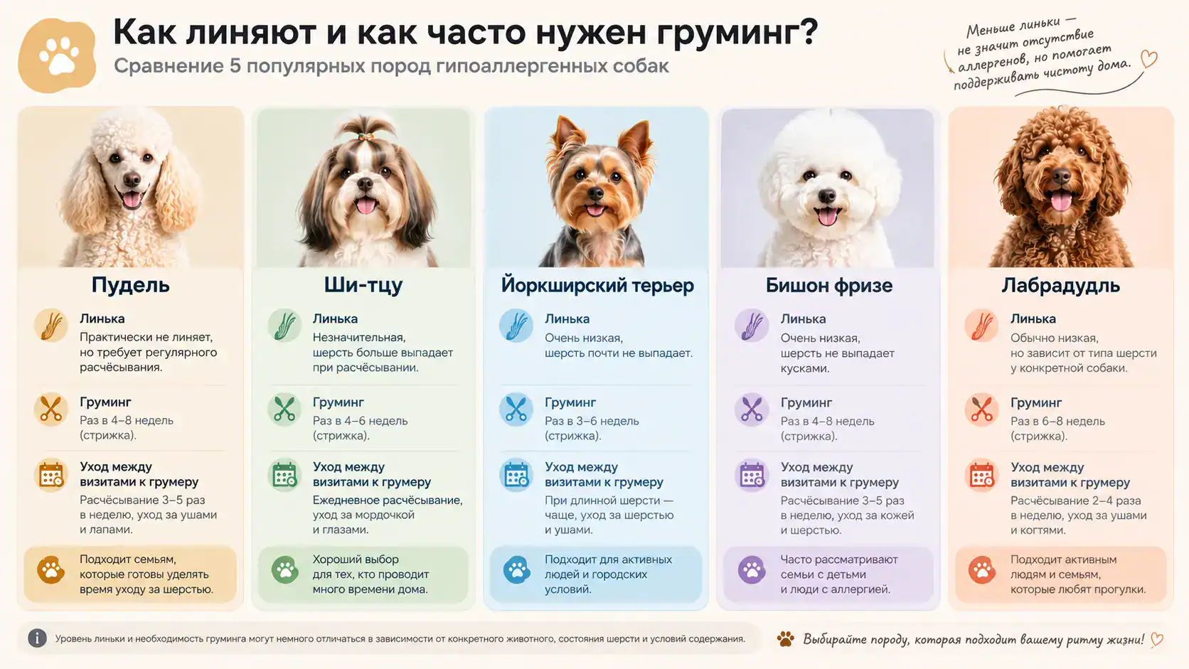 Сравнение гипоаллергенных собак по линьке и уходу за шерстью